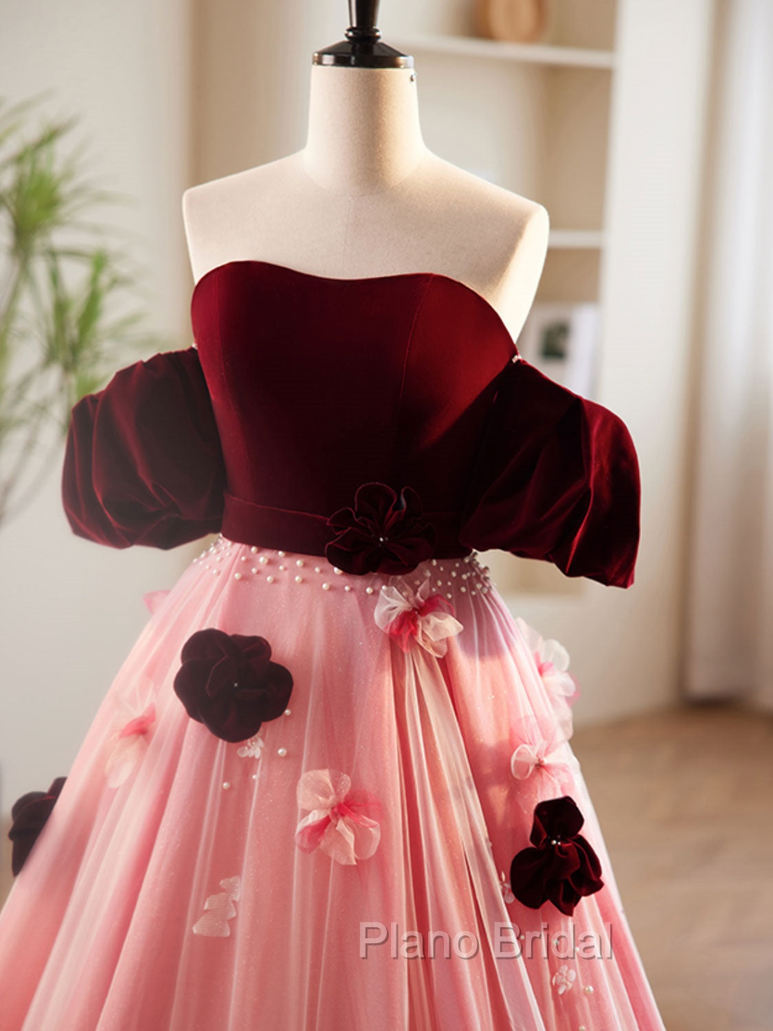 A-Line Burgundy/Pink Tulle Velvet Long Formal Prom Dresses, Burgundy Formal Dresses