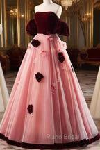 A-Line Burgundy/Pink Tulle Velvet Long Formal Prom Dresses, Burgundy Formal Dresses