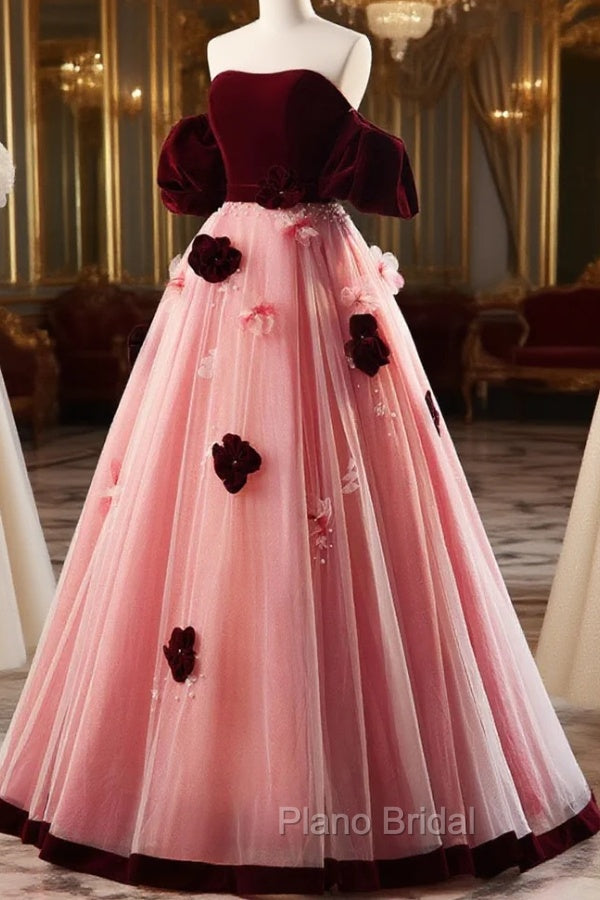 A-Line Burgundy/Pink Tulle Velvet Long Formal Prom Dresses, Burgundy Formal Dresses