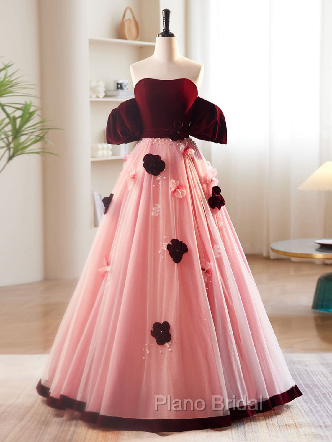A-Line Burgundy/Pink Tulle Velvet Long Formal Prom Dresses, Burgundy Formal Dresses Main image