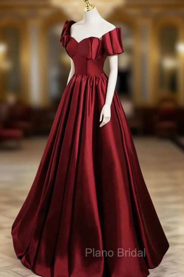 A-Line Burgundy Satin Floor Length Formal Prom Dresses, Off the Shoulder New Party Dresses