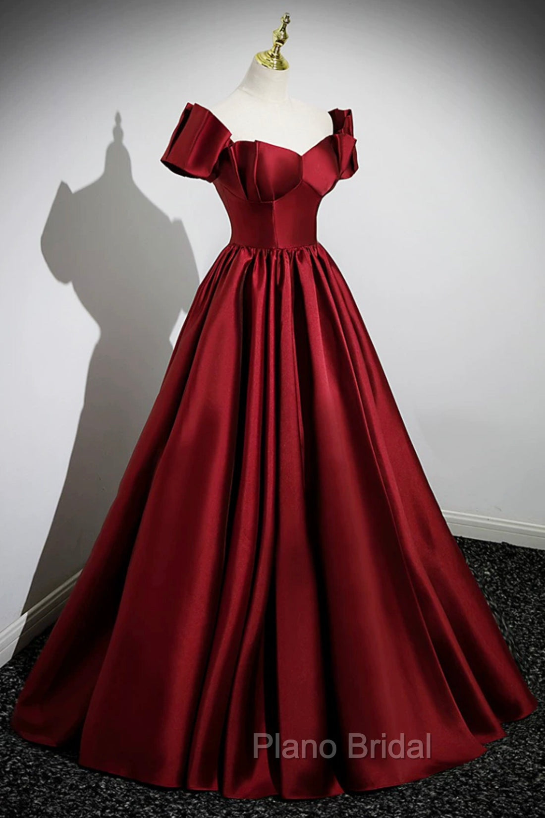 A-Line Burgundy Satin Floor Length Formal Prom Dresses, Off the Shoulder New Party Dresses