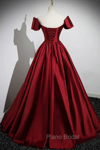 A-Line Burgundy Satin Floor Length Formal Prom Dresses, Off the Shoulder New Party Dresses