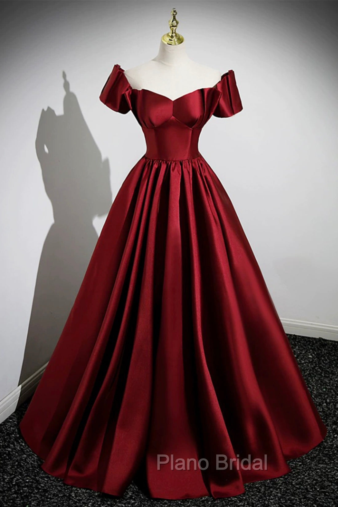 A-Line Burgundy Satin Floor Length Formal Prom Dresses, Off the Shoulder New Party Dresses