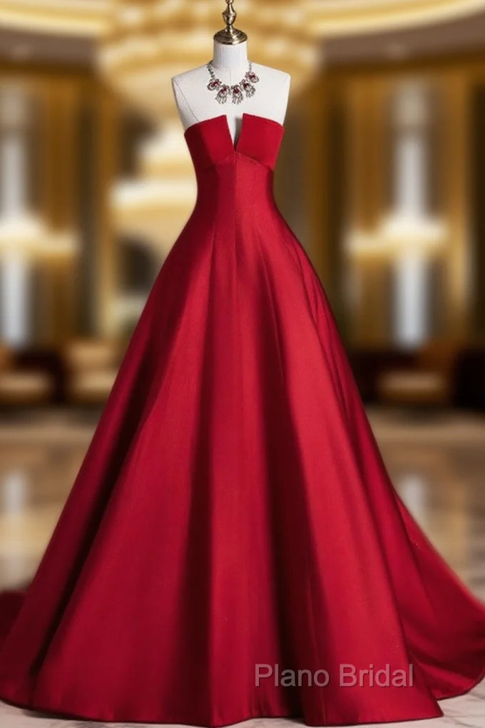A-Line Burgundy Satin Long Formal Prom Dresses, Burgundy Long Formal Dresses Main image