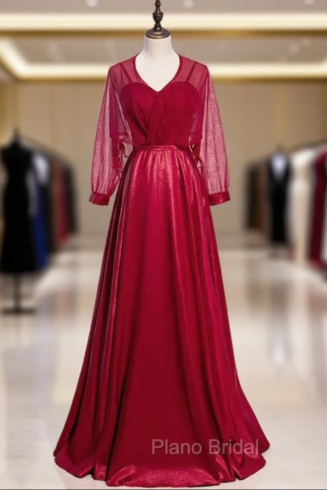 A-Line Burgundy Satin Long Sleeve V-neck Formal Prom Dresses