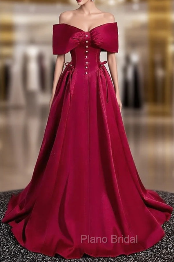 A-Line Burgundy Satin Off the Shoulder Pearls Formal Prom Dresses