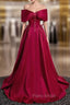 A-Line Burgundy Satin Off the Shoulder Pearls Formal Prom Dresses