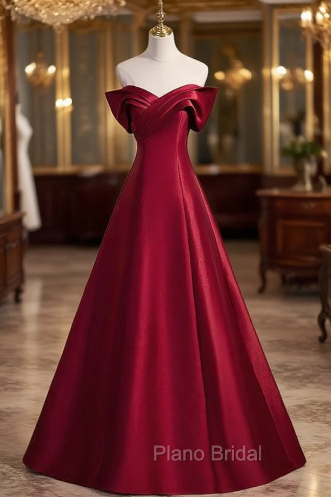A-Line Burgundy Satin Off the Shoulder Pleats Formal Prom Dresses Main image