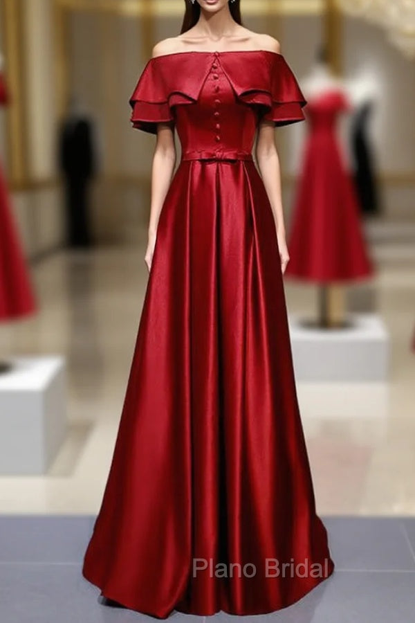 A-Line Burgundy Satin Off the Shoulder Formal Prom Dresses With Button