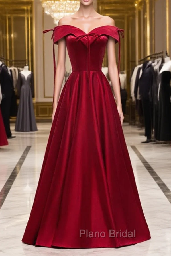 A-Line Burgundy Satin Off the Shoulder Formal Prom Dresses Main image