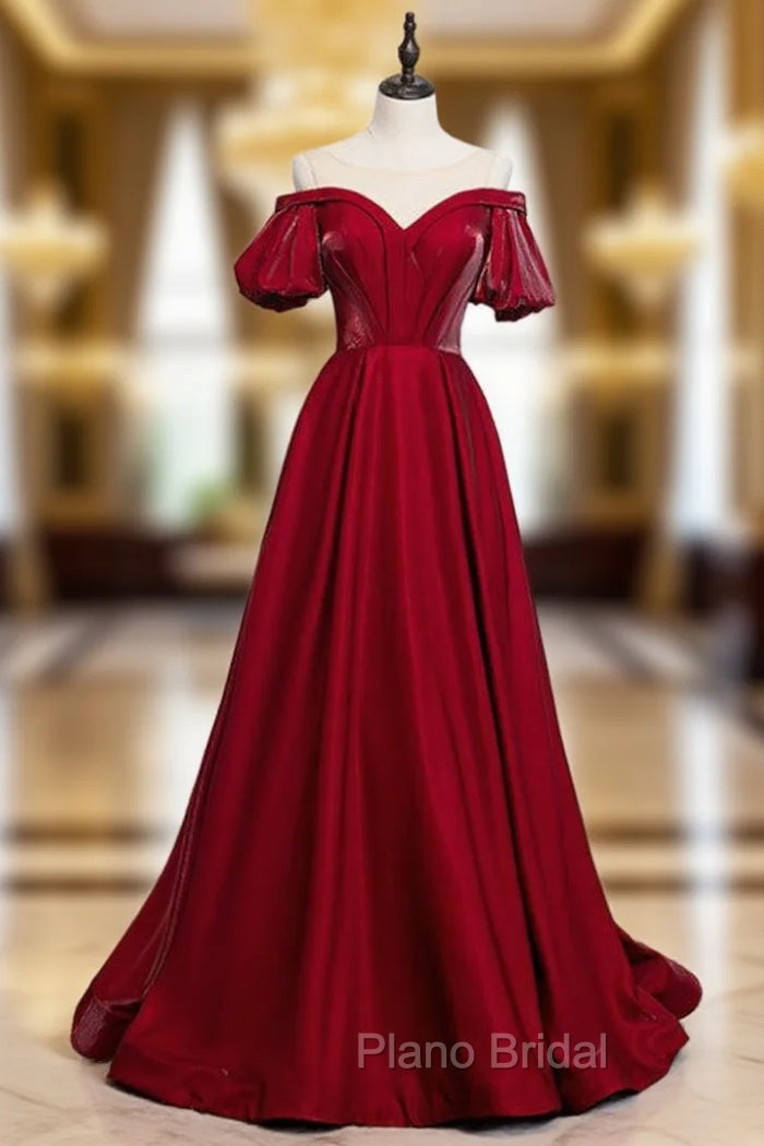 A-Line Burgundy Satin Puff Sleeve Cold Shoulder Formal Prom Dresses Main image