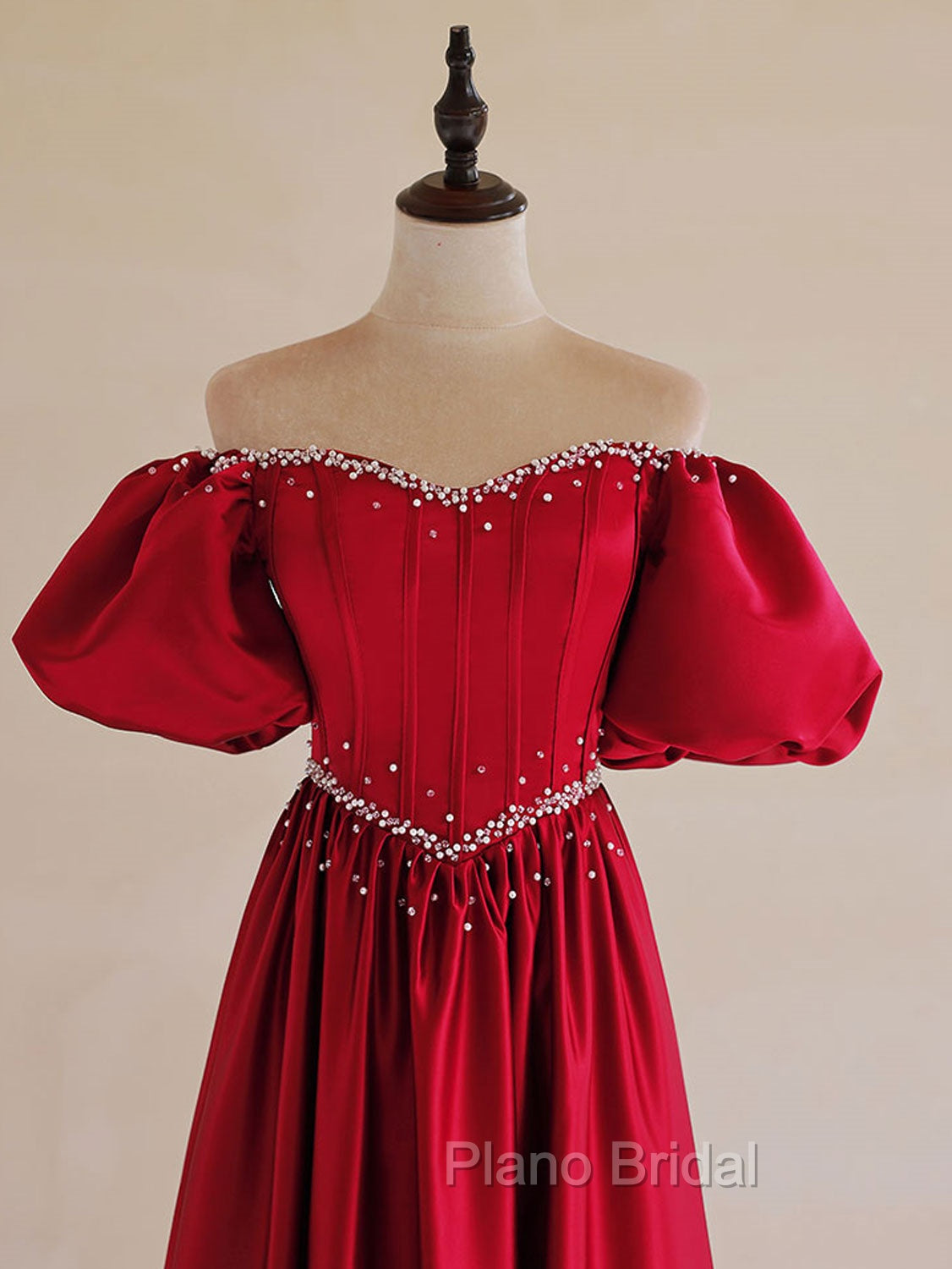 A-Line Burgundy Satin Puff Sleeves Long Formal Prom Dresses, Burgundy Formal Evening Dresses