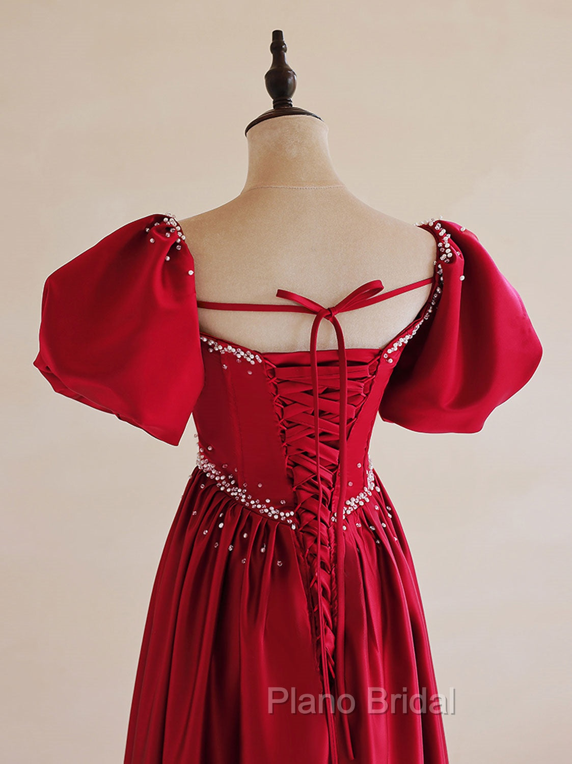 A-Line Burgundy Satin Puff Sleeves Long Formal Prom Dresses, Burgundy Formal Evening Dresses