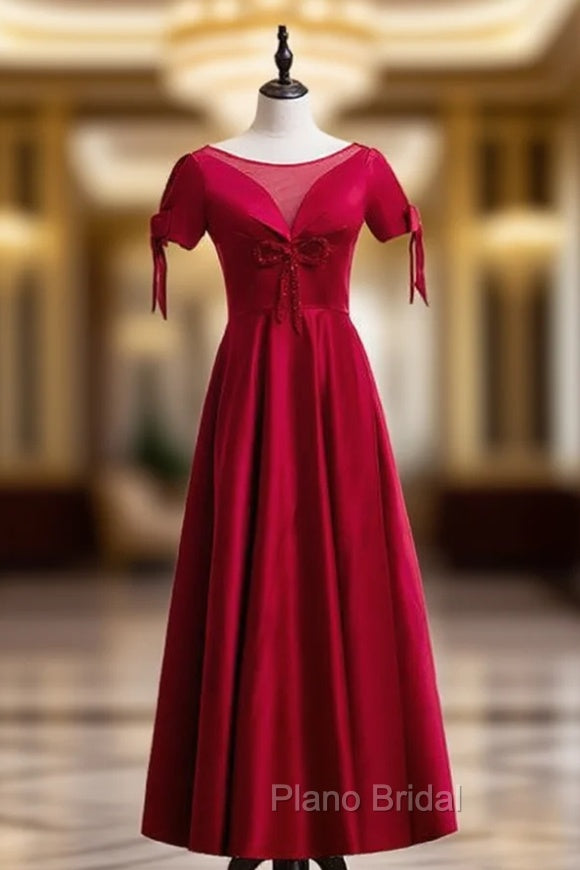 A-Line Burgundy Satin Short Sleeve Beading Formal Prom Dresses Main image