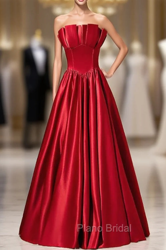 A-Line Burgundy Satin Strapless Pleats Long Formal Prom Dresses Main image