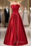 A-Line Burgundy Satin Strapless Pleats Long Formal Prom Dresses