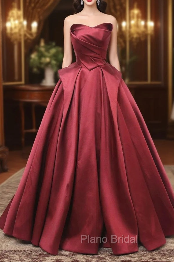 A-Line Burgundy Satin Strapless Pleats Formal Prom Dresses Main image