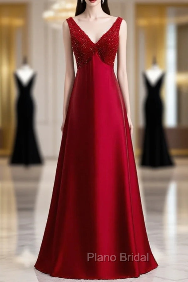 A-Line Burgundy Satin V-neck Beading Formal Prom Dresses Main image