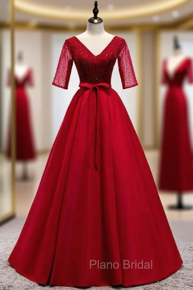 A-Line Burgundy Satin V-neck Short Sleeve Sequins Formal Prom Dresses Main image