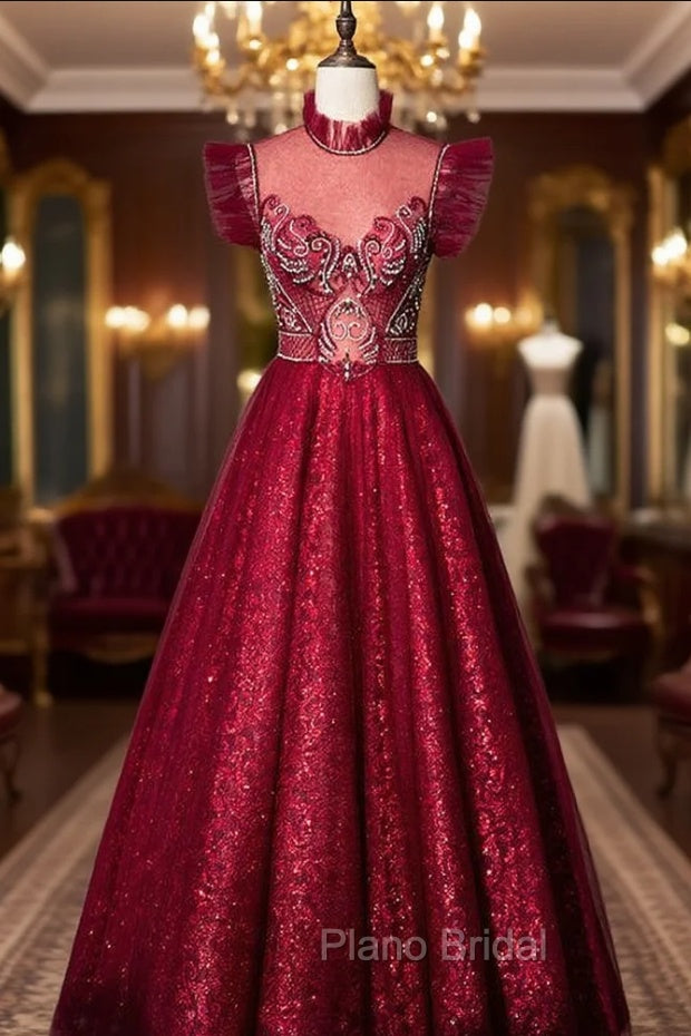 A-Line Burgundy Sequins High Neck Beading Crystal Formal Prom Dresses Main image