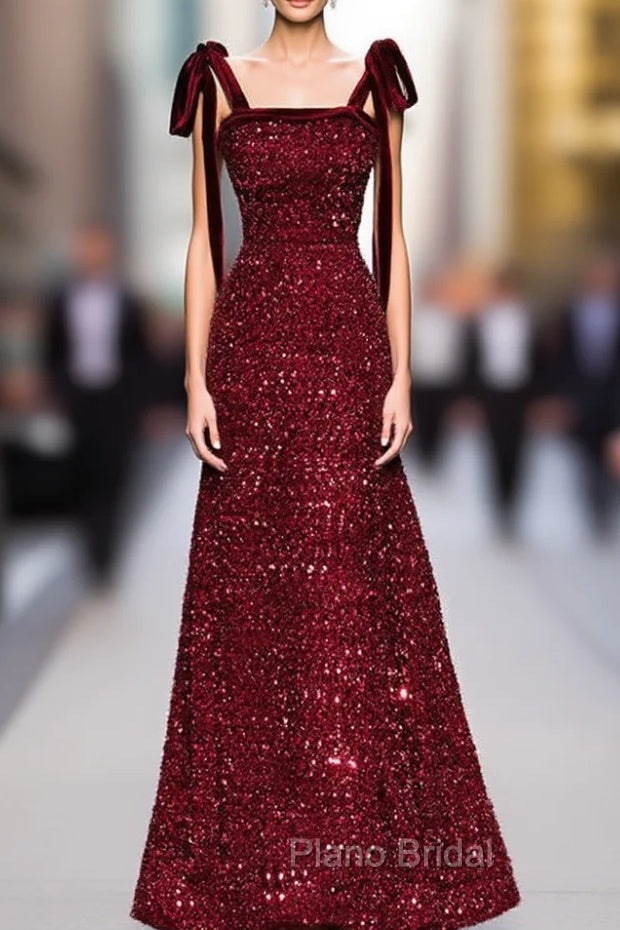 A-Line Burgundy Sequins Straps Formal Prom Dresses Main image