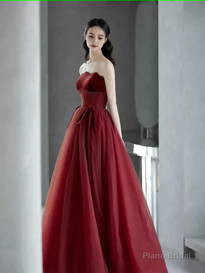 A line Burgundy Strapless Prom Dresses Evening Dress Secondary image