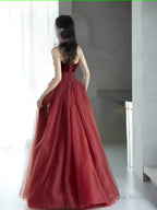 A line Burgundy Strapless Prom Dresses Evening Dress