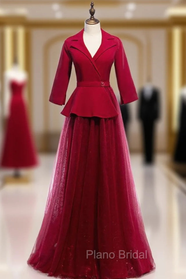 A-Line Burgundy Tulle 3/4 Sleeve V-neck Formal Prom Dresses Main image