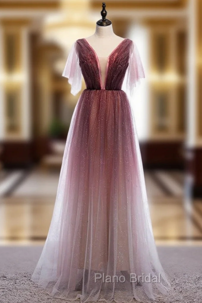 A-Line Burgundy Tulle Deep V-neck Pleats Formal Prom Dresses Main image