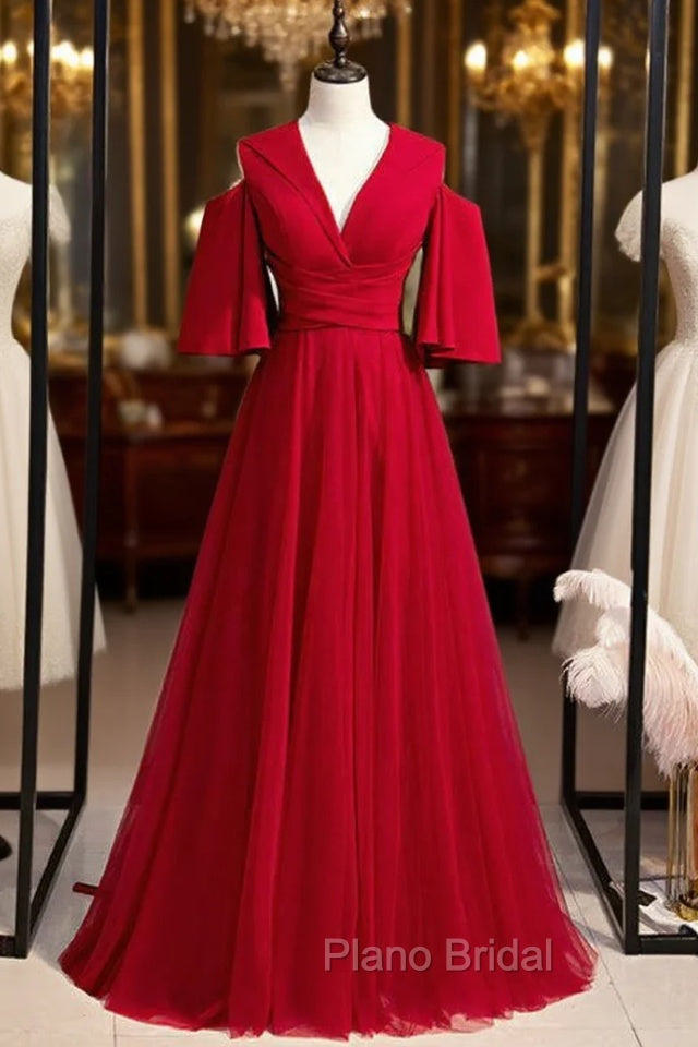 A-Line Burgundy Tulle Deep V-neck Formal Prom Dresses