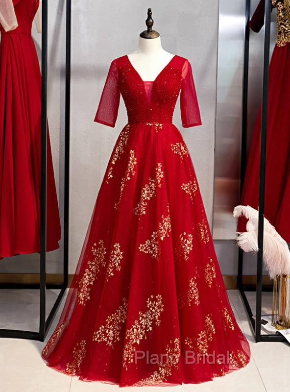 A-Line Burgundy Tulle Gold Sequins V-neck Short Sleeve Formal Prom Dresses