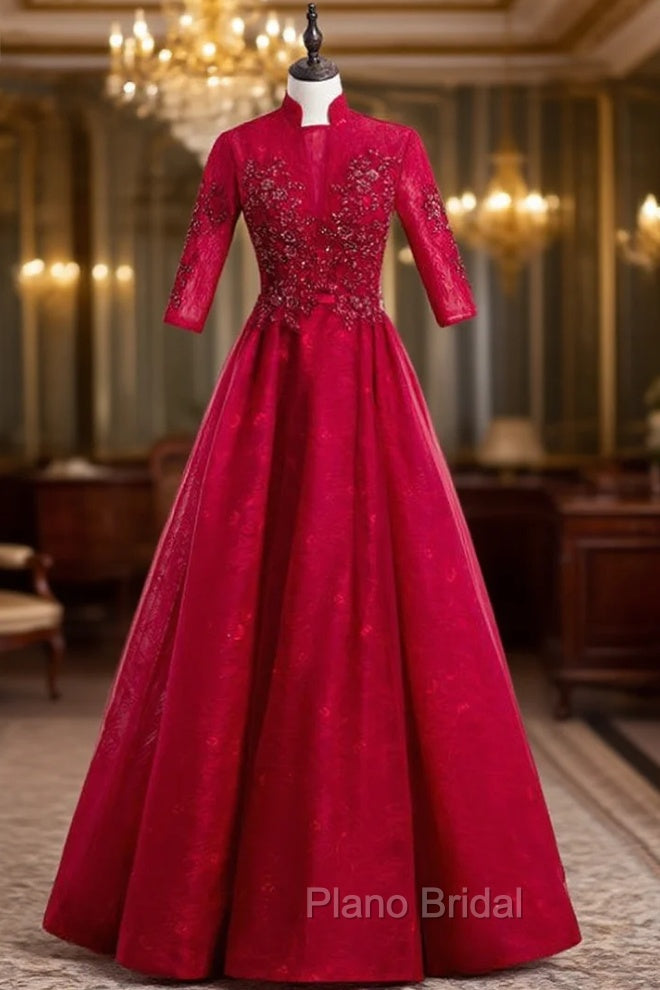 A-Line Burgundy Tulle Lace High Neck Short Sleeve Formal Prom Dresses