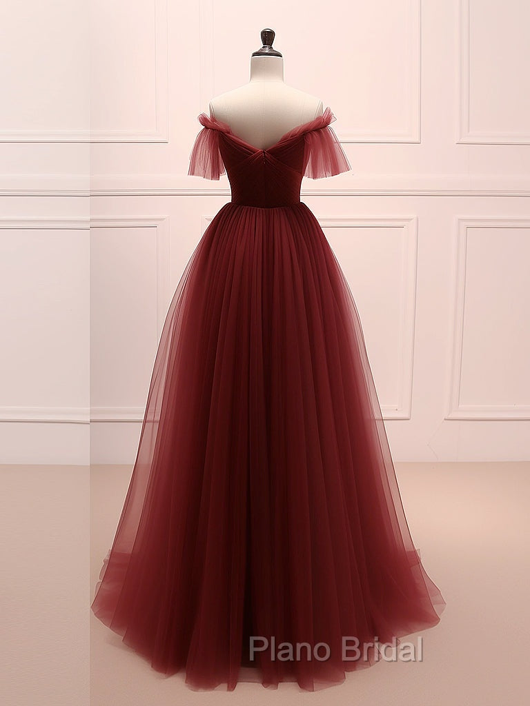 A-Line Burgundy Tulle Long Formal Prom Dresses, Burgundy Long Evening Dresses Secondary image