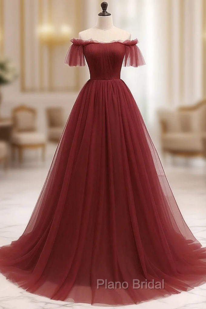 A-Line Burgundy Tulle Long Formal Prom Dresses, Burgundy Long Evening Dresses Main image
