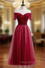 A-Line Burgundy Tulle Off the Shoulder Tea Length Formal Prom Dresses