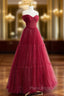 A-Line Burgundy Tulle Pleats Off the Shoulder Formal Prom Dresses