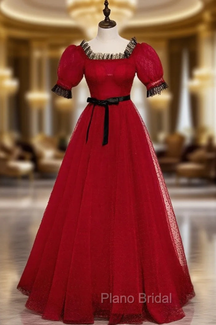 A-Line Burgundy Tulle Puff Sleeve Formal Prom Dresses Main image