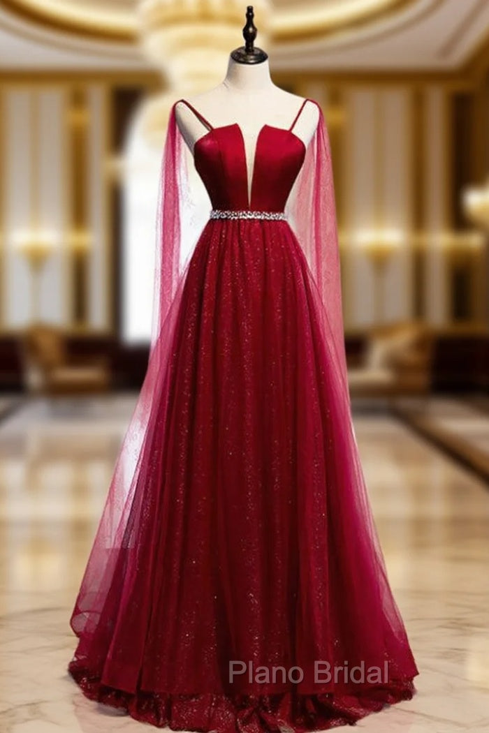 A-Line Burgundy Tulle Saghetti Straps Beading Formal Prom Dresses