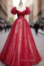 A Line Burgundy Tulle Sequin Long Formal Prom Dresses, Burgundy Formal Dresses