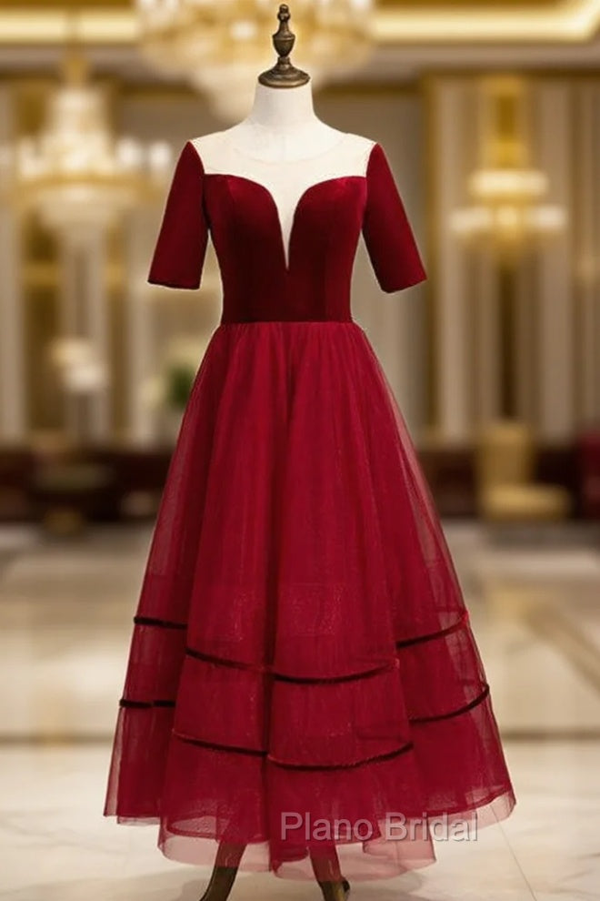 A-Line Burgundy Tulle Short Sleeve Backless Tea Length Formal Prom Dresses Main image