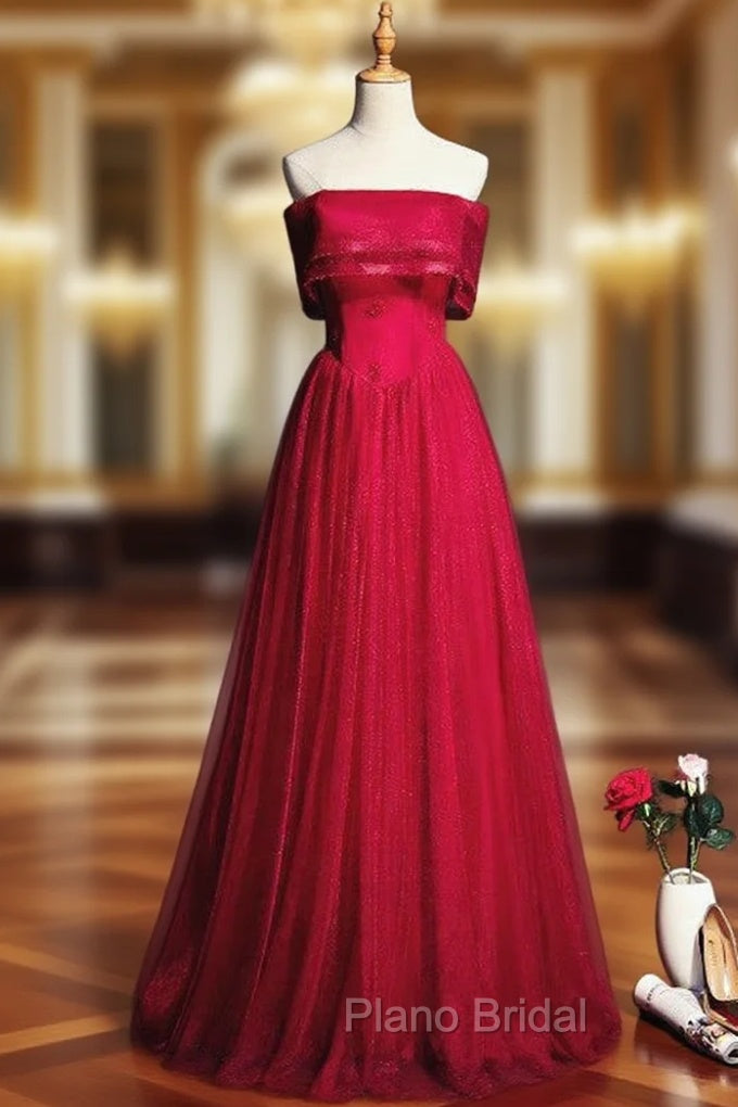 A-Line Burgundy Tulle Strapless Beading Formal Prom Dresses Main image