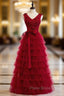 A-Line Burgundy Tulle Tiers Appliques Beading Formal Prom Dresses