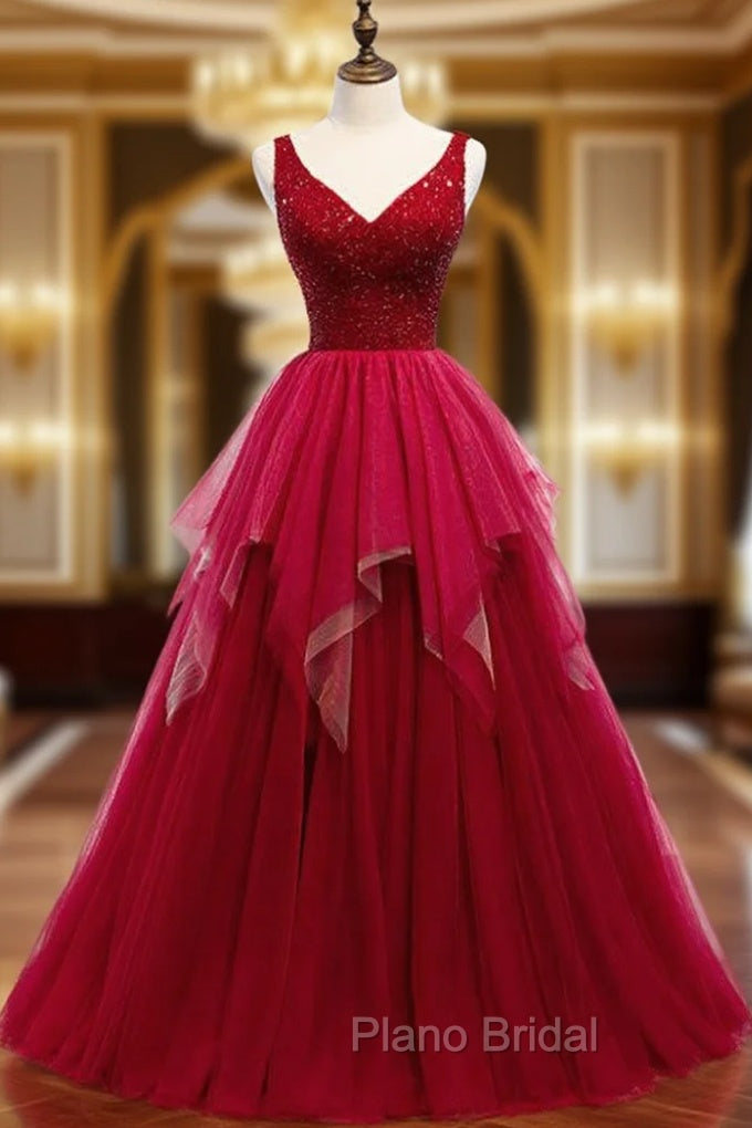 A-Line Burgundy Tulle V-neck Backless Beading Formal Prom Dresses Main image