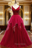 A-Line Burgundy Tulle V-neck Backless Beading Formal Prom Dresses