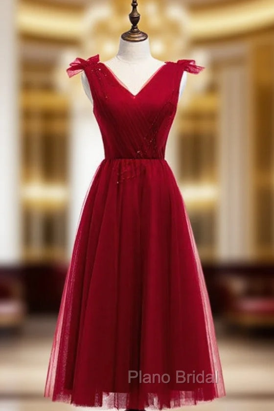 A-line Burgundy Tulle V-neck Pleats Beading Tea Length Formal Prom Dresses Main image