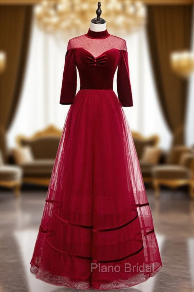 A-Line Burgundy Tulle Velvet High Neck Long Sleeve Formal Prom Dresses