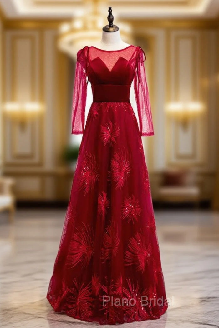 A-Line Burgundy Tulle Velvet Long Sleeve Formal Prom Dresses
