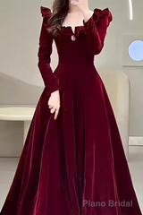A line Burgundy Velvet Long Prom Dress Party Dresses