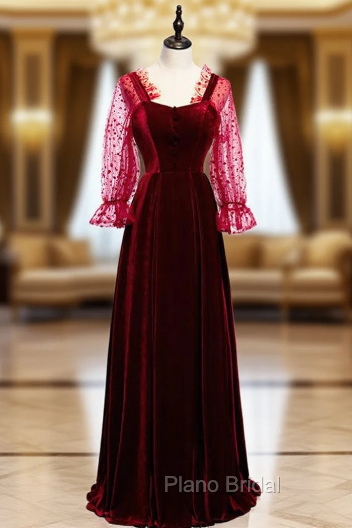 A-Line Burgundy Velvet Long Sleeve Backless Formal Prom Dresses Main image